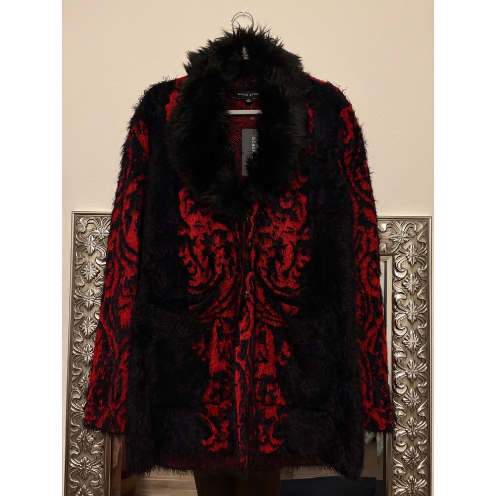 Black Rivet Red Black Damask Faux Fur Collar Metallic Cardigan Sweater L gf